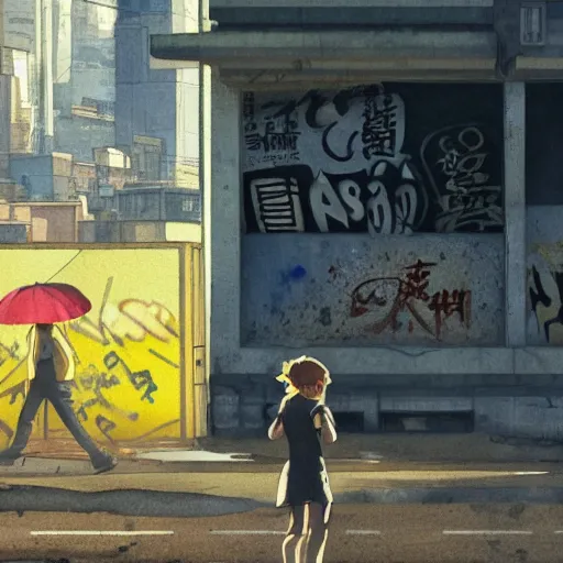 Image similar to incredible wide screenshot, ultrawide, simple watercolor, rough paper texture, ghost in the shell movie scene, backlit distant shot of girl in a parka running from a giant robot invasion side view, yellow parasol in deserted dusty shinjuku junk town, broken vending machines, bold graphic graffiti, old pawn shop, bright sun bleached ground, mud, fog, dust, windy, scary robot monster lurks in the background, ghost mask, teeth, animatronic, black smoke, pale beige sky, junk tv, texture, brown mud, dust, tangled overhead wires, telephone pole, dusty, dry, pencil marks, genius party,shinjuku, koji morimoto, katsuya terada, masamune shirow, tatsuyuki tanaka hd, 4k, remaster, dynamic camera angle, deep 3 point perspective, fish eye, dynamic scene