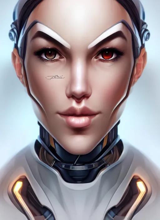 Image similar to portrait of a cyborg woman by Artgerm, (((((face turns left))))) (((((face turns right))))), open eyes , biomechanical, hyper detailled, trending on artstation