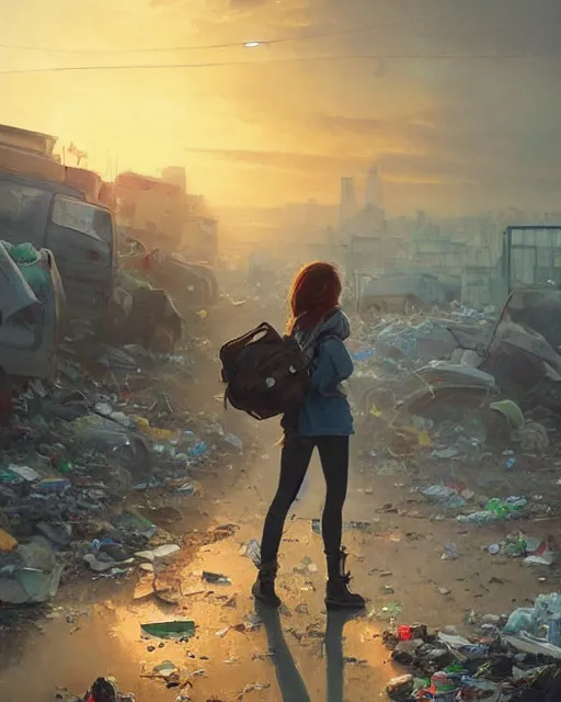 Image similar to poor detailed girl with backpack standing at cars looking for food at garbage dump, destroyed cars, city is pure wasteland, moody sunset in background, greg rutkowski, alphonse mucha, trending on artstation, artgerm, unreal engine, breathtaking, award winning, highly detailed