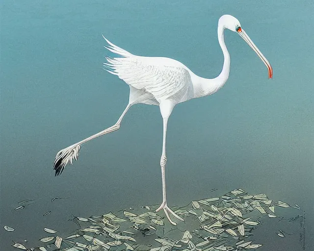 Image similar to a white crane bird hunting in shallow water by abandoned greek architecture, close up, digital art, illustrated by james gurney and victo ngai