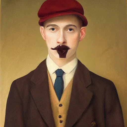 Image similar to portrait of a british young man in a flat cap, a light mustache, and a nice brown suit, oil painting