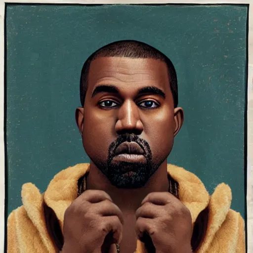 Image similar to A renaissance painting of Kanye West with a anthropomorphic Teddy Bear mascot, portrait, album cover,