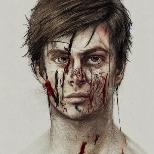 Prompt: self portrait, handsome man with battle scar on his chest holding his sword on his shoulder, pencil art, detailed, handsome, colored, bloody