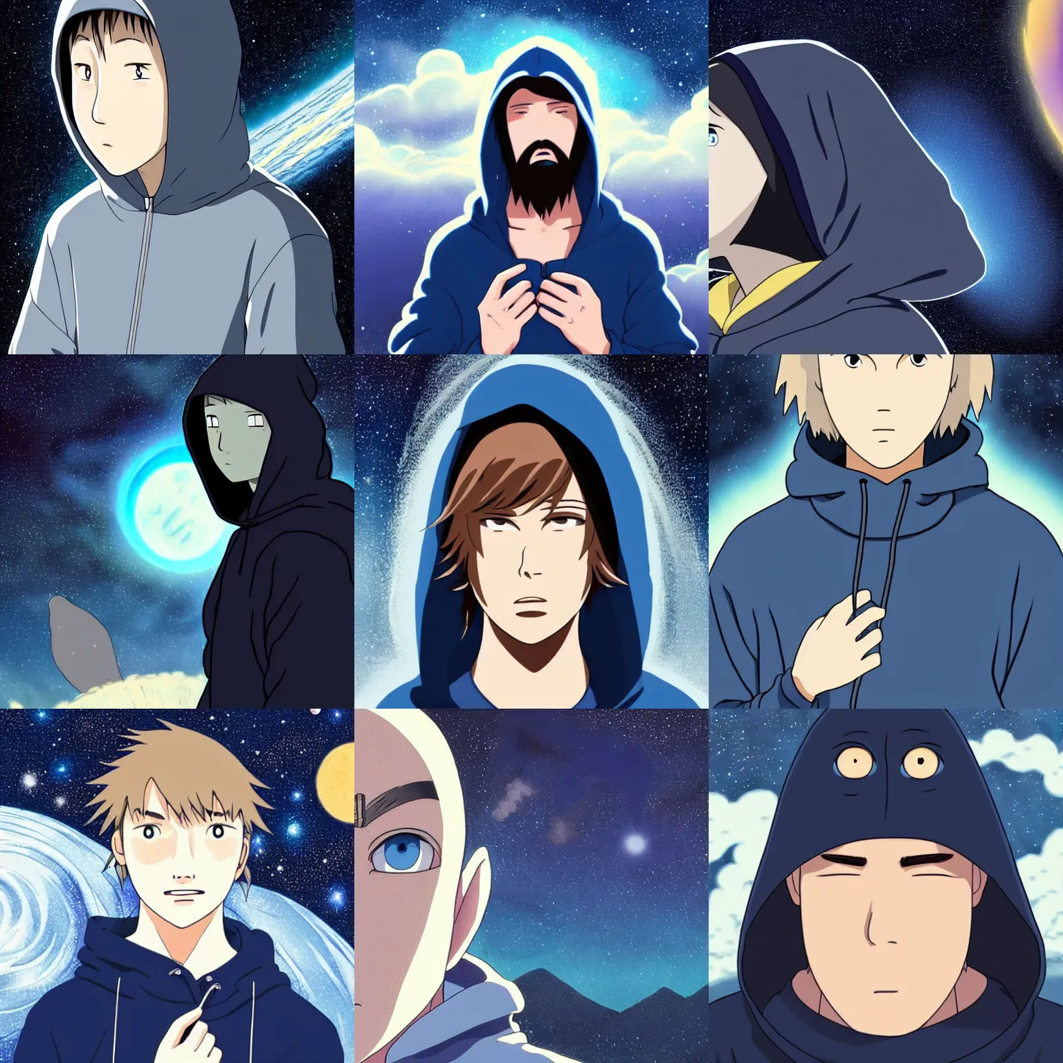 Image similar to Spirited away dark blonde guy with blue eyes wearing a hoodie in space, astonishing background, detailed face