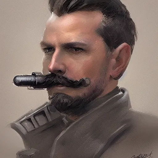 Image similar to portrait of a man by greg rutkowski, british features, short black hair in military style, moustache, perfect military composure, wearing gray imperial captain uniform, star wars expanded universe, he is about 4 0 years old, highly detailed portrait, digital painting, artstation, concept art, smooth, sharp foccus ilustration, artstation hq