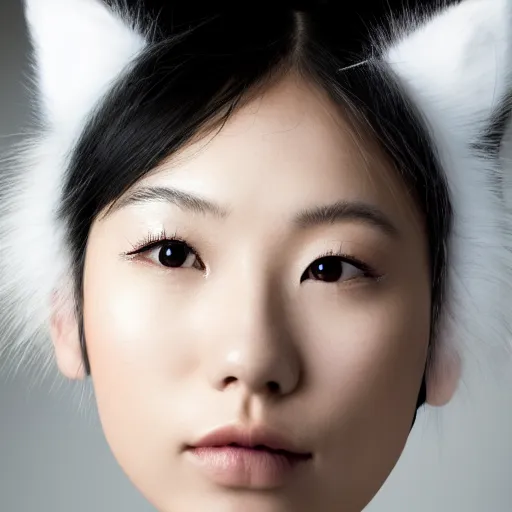 Image similar to aesthetic portrait of a beautiful young Japanese woman with furry white cat ears, by Nick Knight, headshot, realistic, photorealistic, HD, 4k resolution