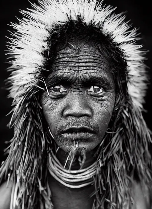 Image similar to Award winning Editorial photo of a Native Kiribati with incredible hair and beautiful hyper-detailed eyes wearing traditional garb with a Bokikokiko by Lee Jeffries, 85mm ND 5, perfect lighting, gelatin silver process