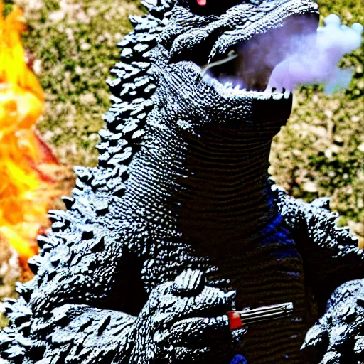 Image similar to godzilla smoking a joint, 5 5 mm