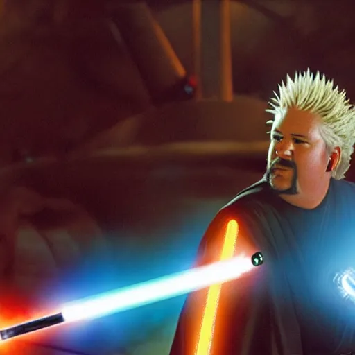Image similar to Guy Fieri in Star Wars Revenge of the Sith, Jedi Knight, blue light saber, movie still, cinematic, kodak 2383, 35mm anamorphic lens, by George Lucas