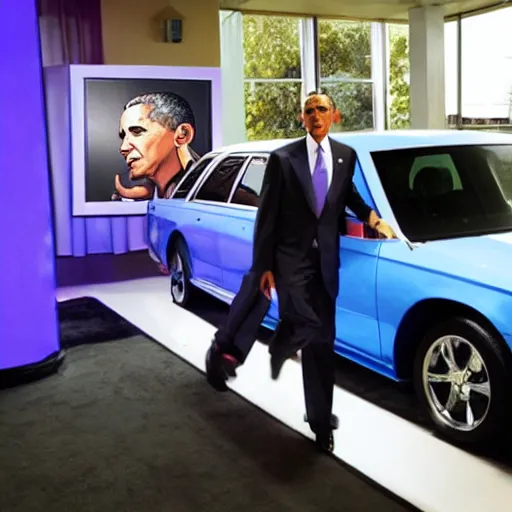 Image similar to barack obama on pimp my ride sitting in his newly upgraded presidential limo complete with a playstation 2, and a minibar. there are also neon lights in the interior.