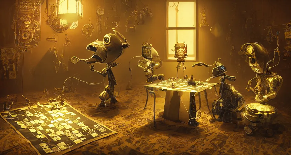 Prompt: a beautiful tapestry by banksey, a small robot playing a futuristic holographic chessgame, ultra detailed, atmospheric lighting, steampunk, moody, candles, characters from machinarium, trending on artstation, octane render, 8 k, ultra realistic