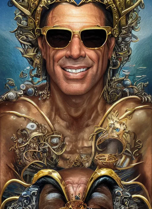 Prompt: muscular Atlantean king Julio Iglesias grinning and wearing cholo sunglasses and a heavy bejeweled gold crown reclining poolside with a beautiful tiger, steelpunk, ghibli studio, nekro, Tom Bagshaw, Craig Mullins, octane 8k, by brian froud, Trending on ArtStation