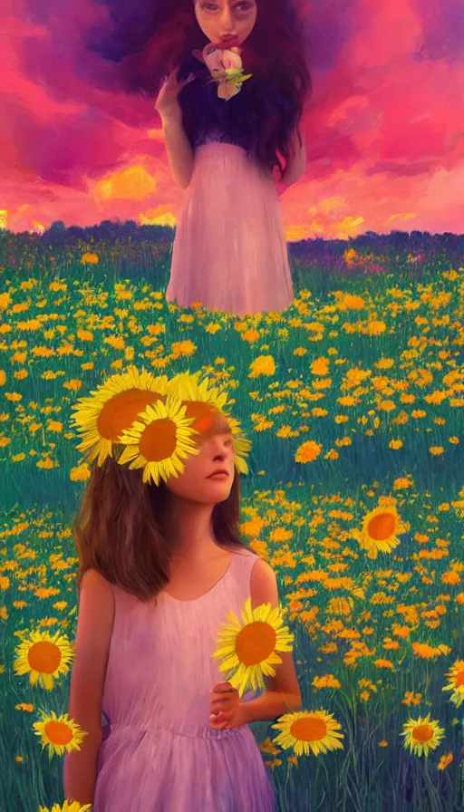 Image similar to girl face made of giant daisies, standing in a flower field, holding flowers, surreal photography, sunset dramatic light, impressionist painting, colorful clouds, large sky, digital painting, artstation, simon stalenhag