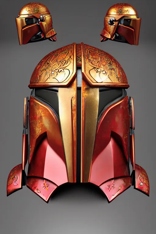 Image similar to an artistic and realistic 8k sculpture of a mandalorian helmet, liquid simulation, bright psychedelic color, dramatic lighting, silver gold red details, filigree, intricate details, cinematic, elegant, octane render, filmic, interesting camera angle, 8k post-processing, intricate art by John Collier and Albert Aublet and Krenz Cushart and Artem Demura and Greg Rutkowski