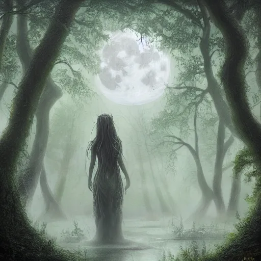 Prompt: highly realistic scenic painting of a towering misty dark fantasy forest surrounding a pond, a rusalka sits on the roots of an ancient tree looking up at the moon, spooky fog, looming trees, beautiful fantasy painting hd