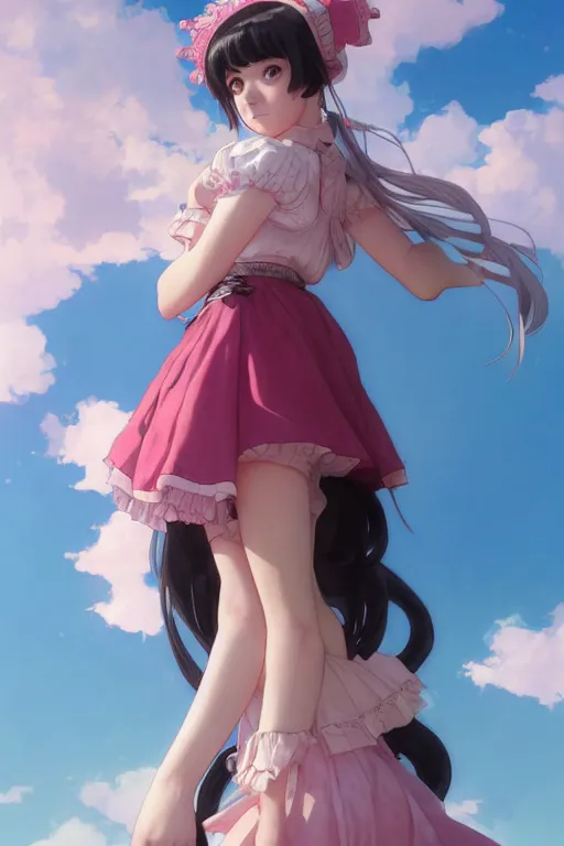 Image similar to a character design of little girl with black hair in a pink lolita dress, sky background by krenz cushart and mucha and akihito yoshida and greg rutkowski, detailed eyes, 4 k resolution