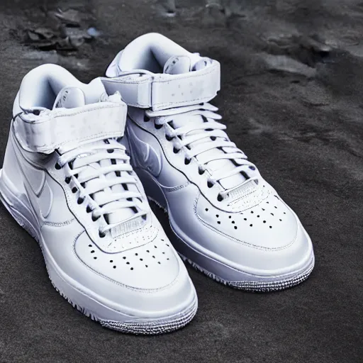 Image similar to all white, 3 d airforce 1 product photo with leather embellishments, distorted nike tick, 3 d bubbles from raf simons ozweego, product render, design sample, octane render, high definition, sneaker photography, photorealistic