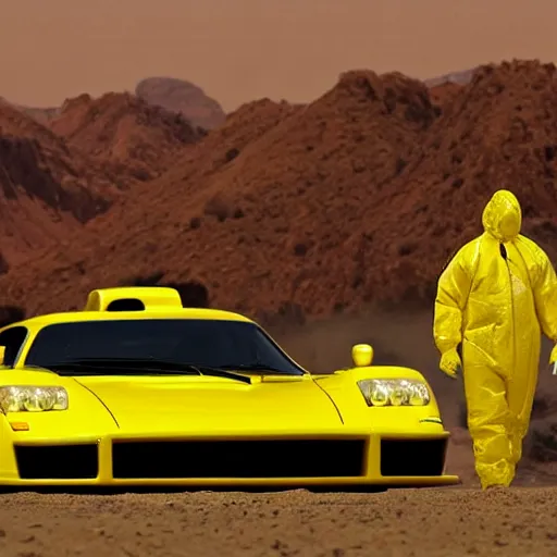 Prompt: a man wearing a yellow hazmat suit, next to a saleen s7 in the desert, directed by Alan resnick