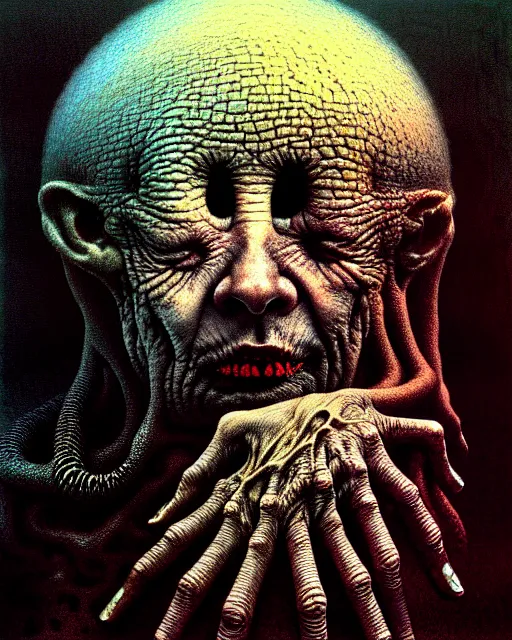 Image similar to close up portrait of sandman's dream with no eyes and wrinkly hands for face drawn by beksinski, high definition, lovecraftian