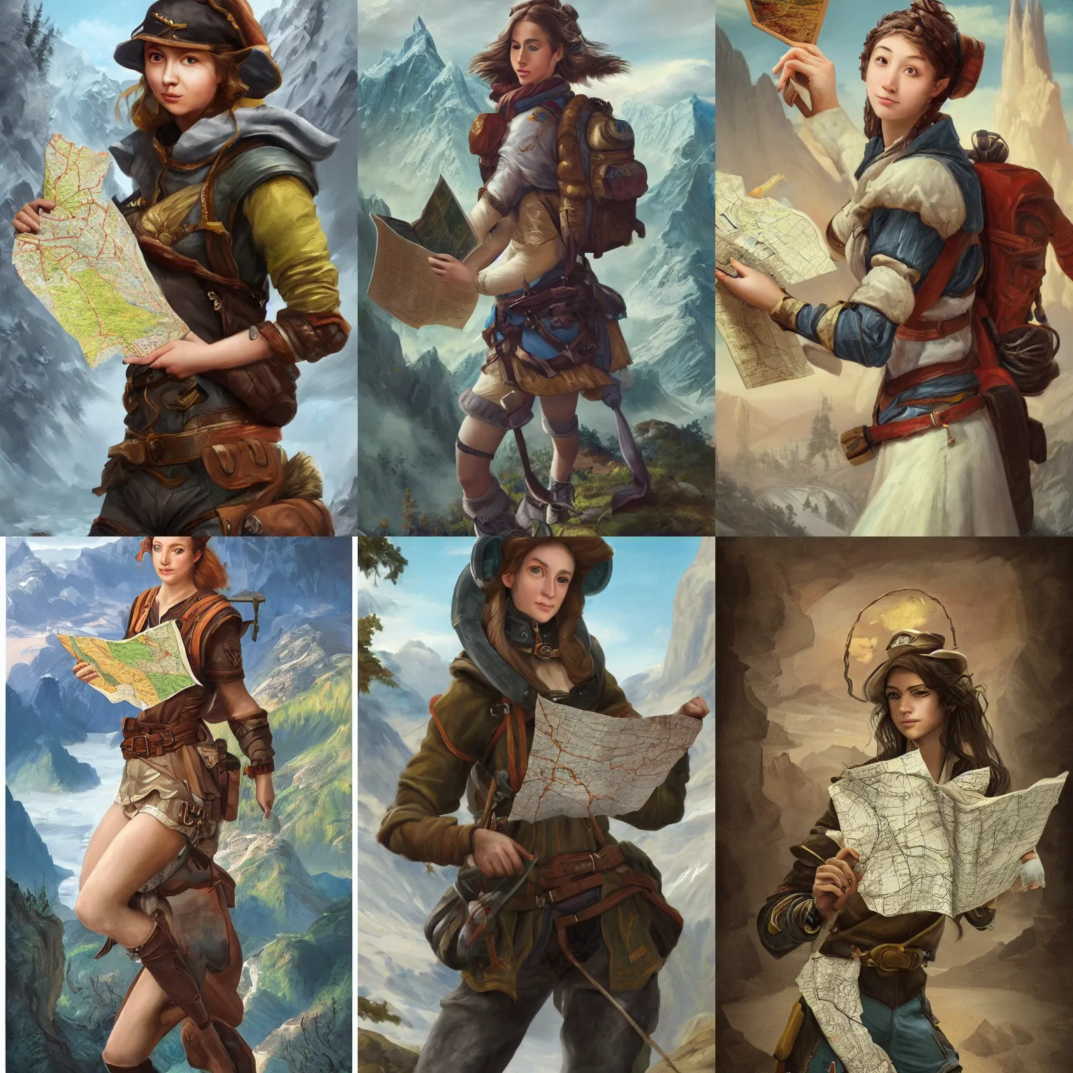 Prompt: A masterpiece portrait of a female explorer holding a map, full body shot, fantasy, mountainous terrain, action shot, trending on artstation