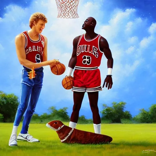 Image similar to portrait of larry bird and michael jordan sharing hotdogs, an oil painting by ross tran and thomas kincade