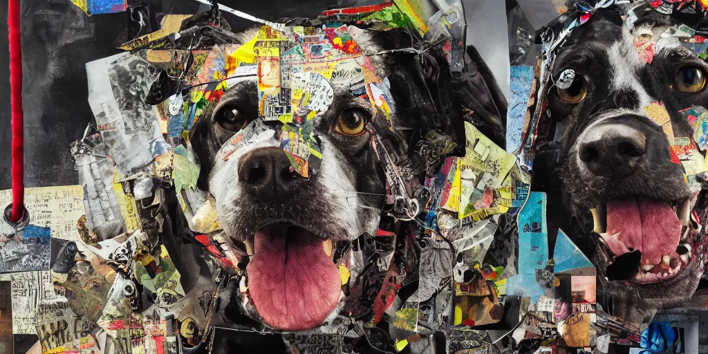 Image similar to mad dog on a chain, collage paper and tape, acrylic on canvas, hyperrealism mixed with expressionism, high resolution, cinematic, unreal 6 breathtaking detailed, by blake neubert and matt sesow