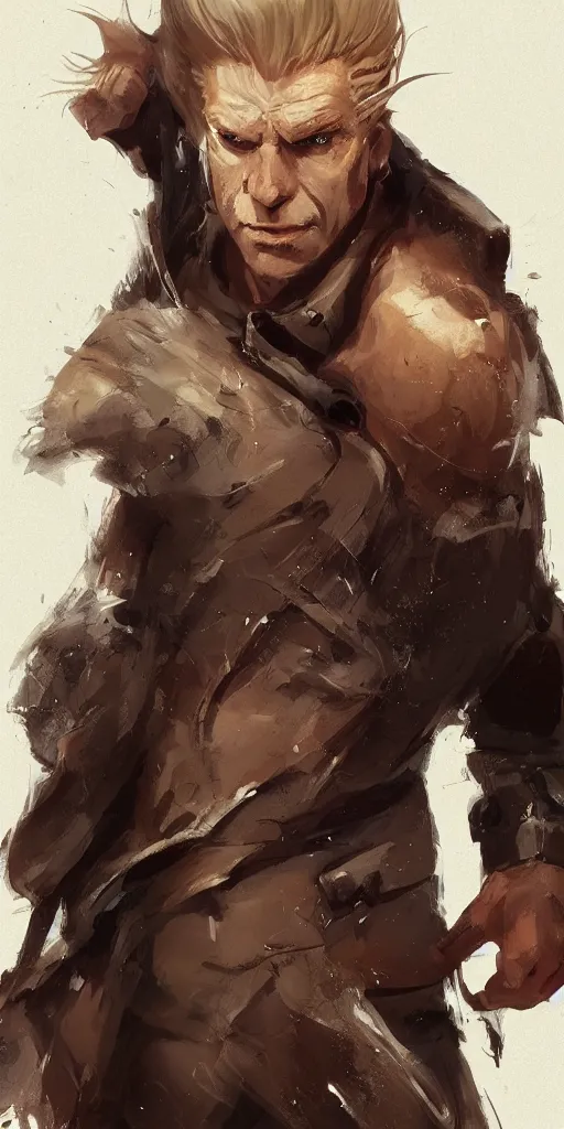 Image similar to portrait of a muscular, grim, ponytail haired blonde man in his late 30's, wearing a thick brown leather coat, looking to his side, hunter, DnD character, fantasy character, digital art by Ruan Jia, Krenz Cushart, Rossdraws and Boris Vallejo