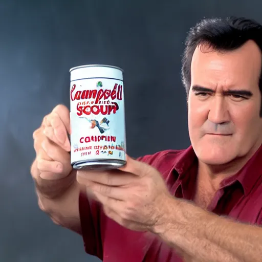 Image similar to Bruce Campbell holding can of campbell soup to the camera, 4k,