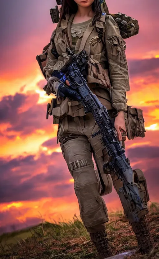 Image similar to highly detailed, high resolution, cosplay photo, stunning, realistic lightning, real sunset, in the middle of the battlefield, girls frontline style, bokeh soft, 100mm, trending on facebook, by professional photographer, realistic anatomy, realistic military carrier, soldier clothing, airsoft, modern warfare