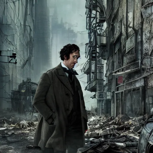 Image similar to Sherlock Holmes, Post apocalyptic, cyberpunk, ultra realistic, octane render, 8K, insanely detailed, insanely realistic detailed, photorealistic