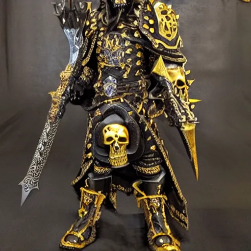 Prompt: lich king wearing black and gold armor with skulls and chains, holding a two handed sword with golden handle, wearing spiky helmet with mask