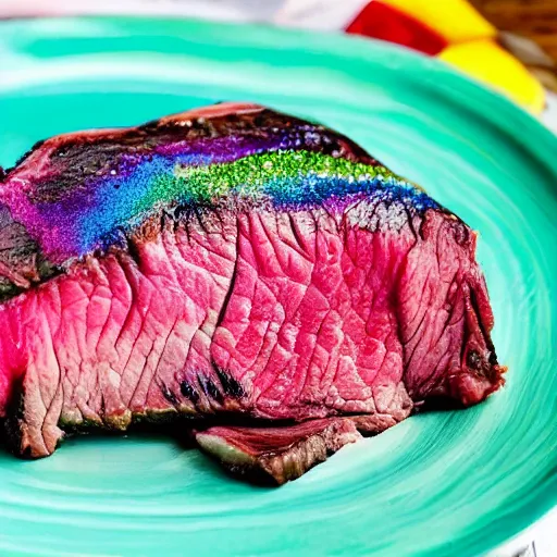 Image similar to a prime unicorn steak. rainbow colored meat with glittery marbling