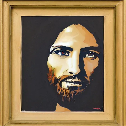 Image similar to Street-art portrait of Jesus in style of Banksy, photorealism