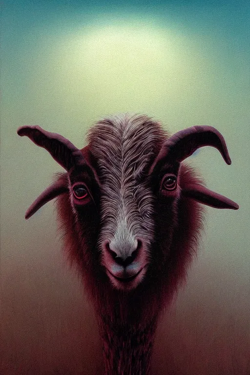 Image similar to painting of hybrid between andy milonakis and a goat, intercrossed animal, mixture animal, by zdzislaw beksinski, by tiffany bozic, cold hue's, warm tone gradient background, concept art, beautiful composition, digital painting