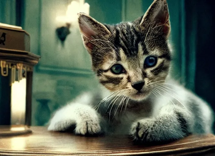 Image similar to film still if a cut kitten as sherlock holmes in the new sherlock holmes movie, 8 k