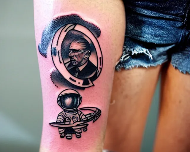Image similar to a tattoo of space pioneers, black tattoo ink