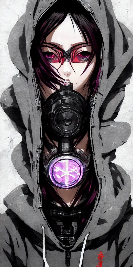 Image similar to cyberpunk anime girl in hoodie, cyberpunk gas mask, 3 / 4 shot, street night, grafity, beautiful face, grafity, arcane, action, tokyo street, detail, good face, pose model, concept art, in style of yoji shinkawa, pan ren wei, col price, atey ghailan, by greg rutkowski, aesthetic