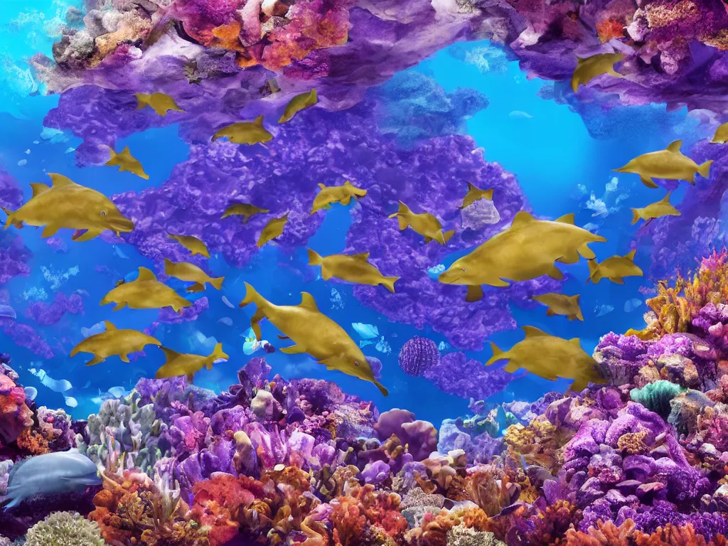 Image similar to a family of purple dolphins in a colorful coral reef, photorealistic, insane engine, high definition, 3d render, trending on artstation,