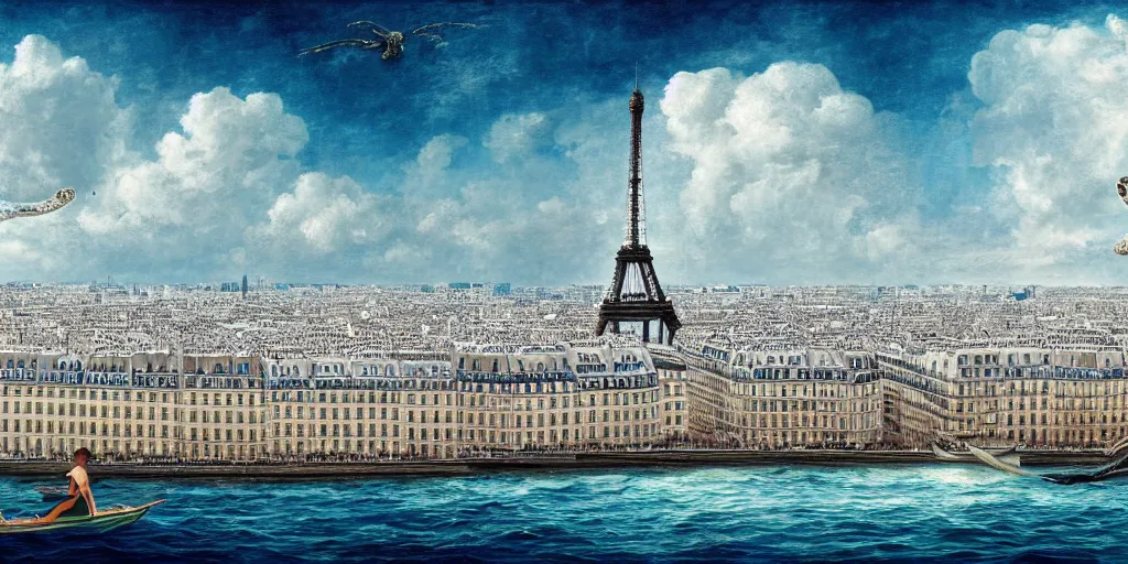 Image similar to master piece stunning digital painting of a parisian small city contained on the top of a giant sea turtle