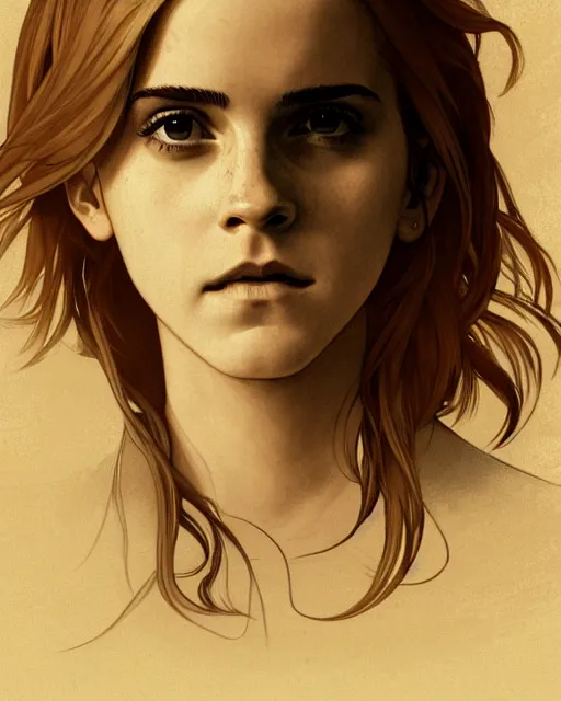 Image similar to Emma Watson as Hermione Granger, medium shot close up, details, sharp focus, illustration, by Jordan Grimmer and Alphonse Mucha and greg rutkowski and PiNe(パイネ) and 薯子Imoko and 香川悠作 and maya takamura, intricate, beautiful, Trending artstation, pixiv, digital Art