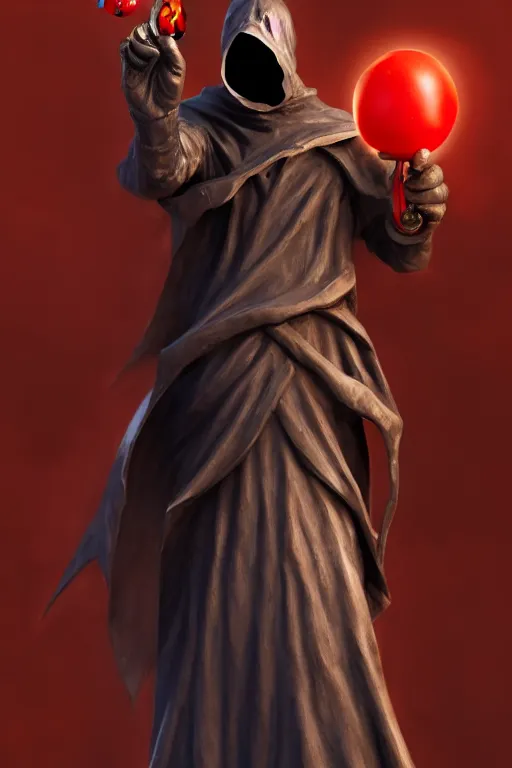 Image similar to a statue of a hooded cultist is holding a bloody knife in one hand and a tomato on the other, by patrick mcenvoy and michael komarck and fantasy flight, incredible quality, trending on artstation