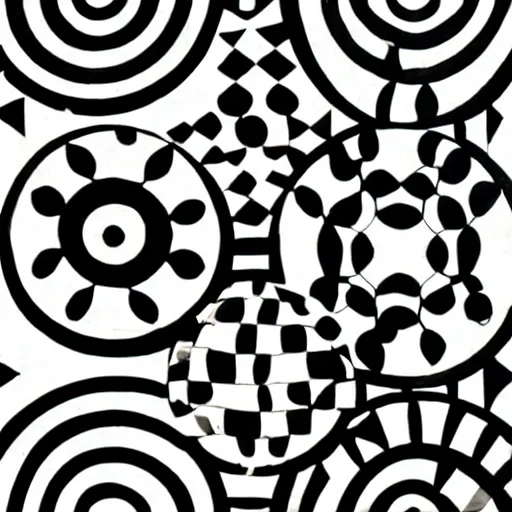 Image similar to real optical illusion, circles, squares, lines, black and white, illusion