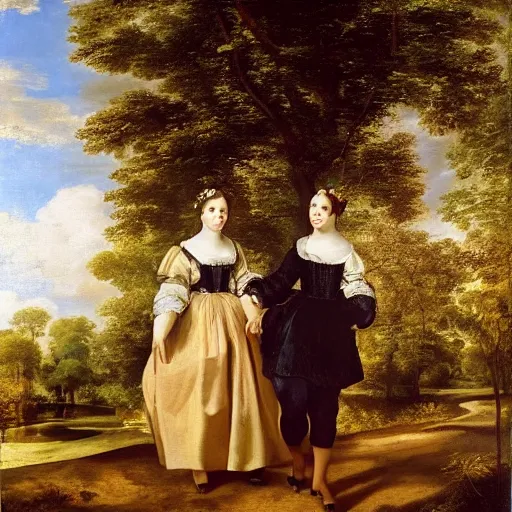 Image similar to a couple walking in central park wearing fine clothes surrounded by vegetation on fall. fine art, oil on canvas baroque style 1 6 5 6 by diego velasquez.