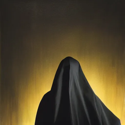 Image similar to a portrait of a young woman wearing a long dark cloak, hood and shadows covering face, holding golden chains, oil painting, matte painting, black background, Volumetric Golden dappled dynamic lighting, Highly Detailed, Cinematic Lighting, Unreal Engine, 8k, HD, by Beksinski