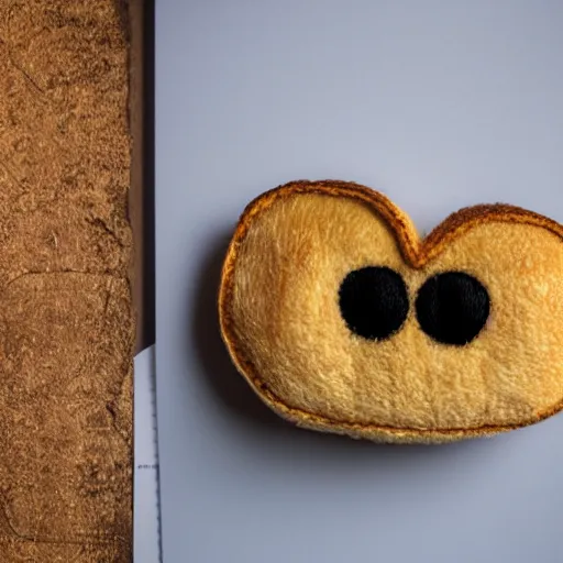 Prompt: a plush toy doll of a smiling piece of toast, photo, leica