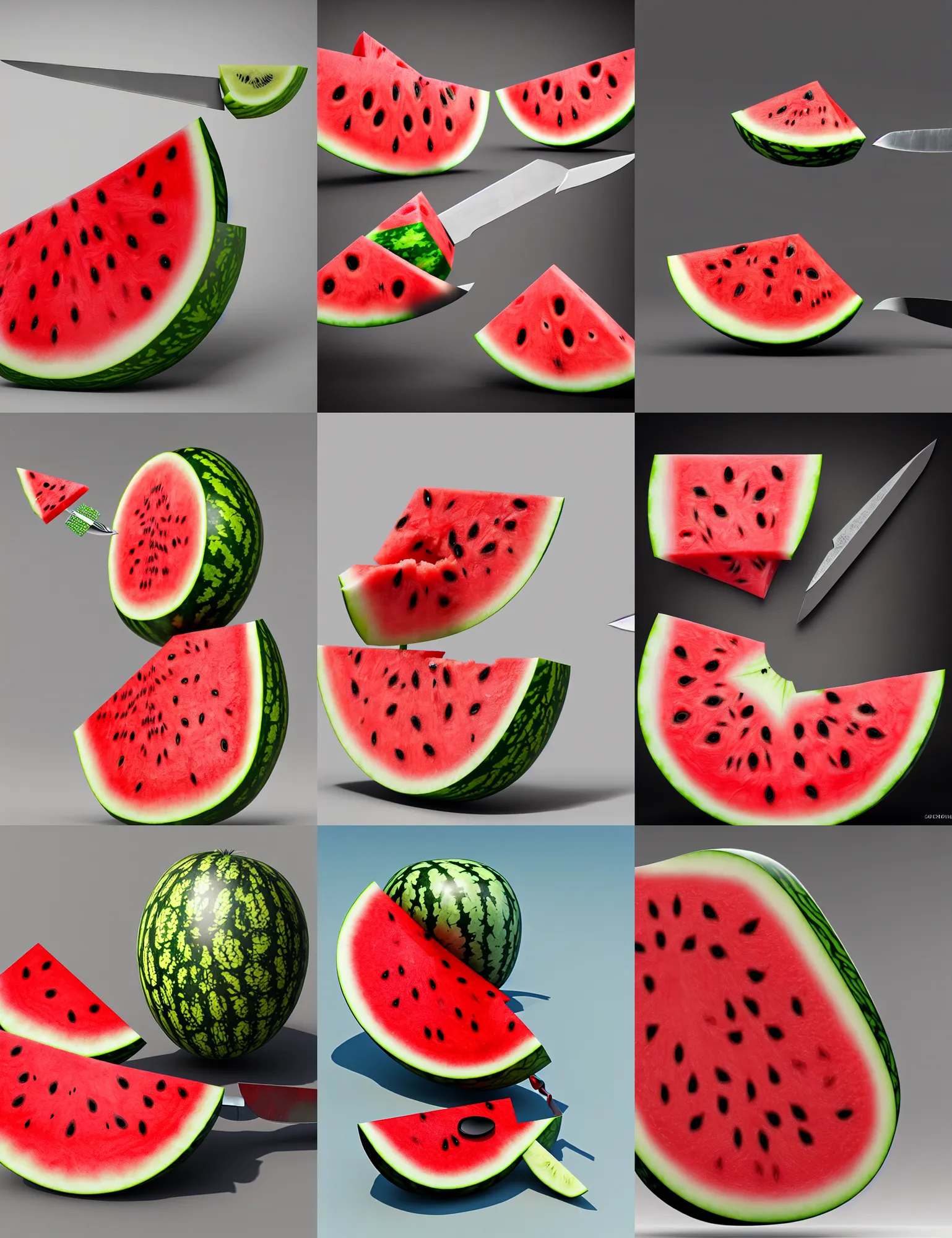 Prompt: a watermelon pierced through by a knife, detailed render, 8k, cgsociety