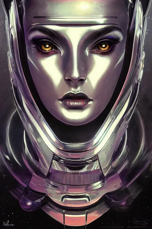 Image similar to retro-futuristic facial portrait of a beautiful female android in vintage used look chrome armour, rim light, ornate pattern, glowing eyes, evil expression, high details, intricate details, painting by vincent di fate, artgerm julie bell beeple, 80s, Smooth gradients, High contrast, depth of field, very coherent symmetrical artwork