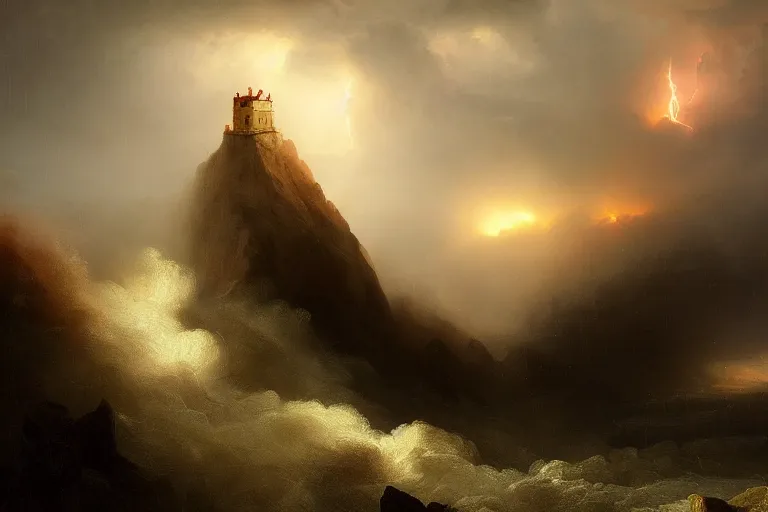 Image similar to tower in lightning storm at the top of a mountain, tornado, oil painting by Ivan Aivazovsky and Greg Rutkowski, artstation, fantasy, intricate, beautiful, cinematic, octane render, arnold render, 8k, hyper realism, detailed, sharp focus, 4k uhd, masterpiece, award winning