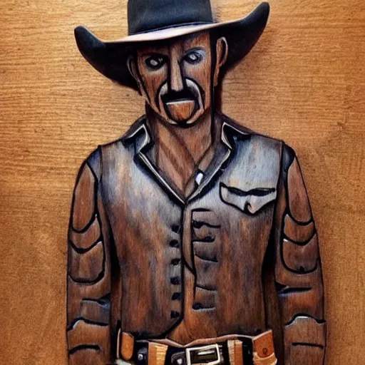 Image similar to a cowboy made out of wood, realistic, detailed,