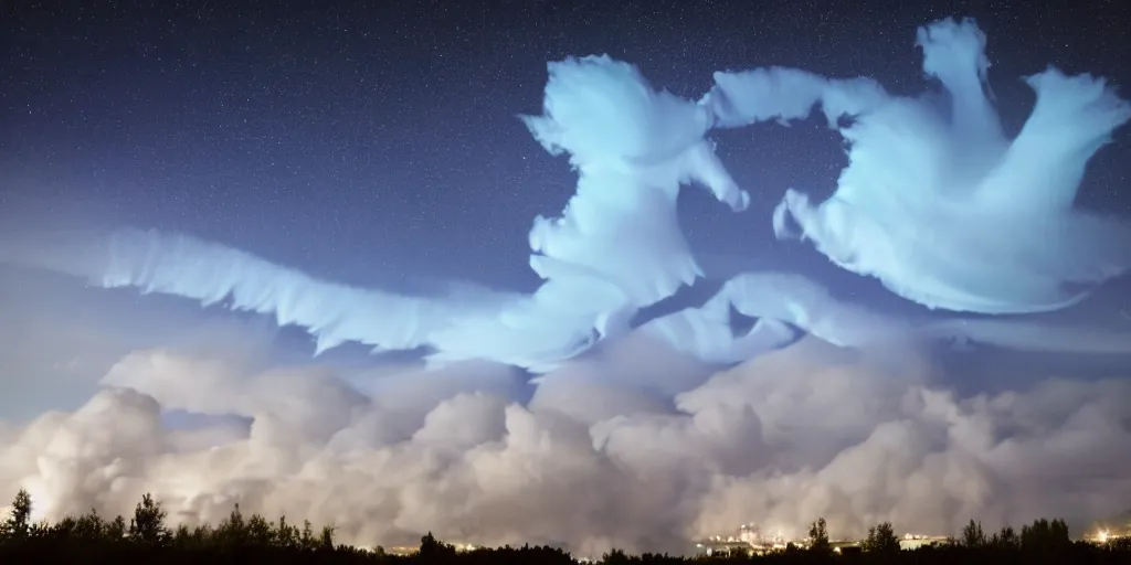 Prompt: gigantic blue jets in the atmosphere, night, clouds, photo